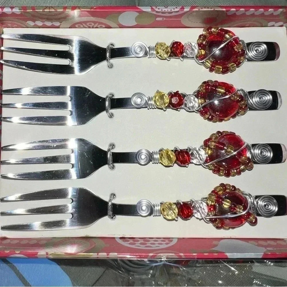 Wild Eye Design Cocktail Christmas Stainless Forks Handcrafted Beaded 3 Prong - Picture 4 of 10